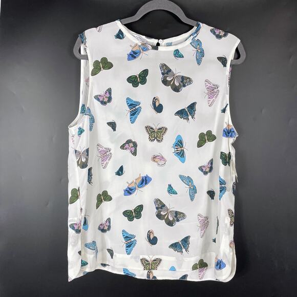 SOLD-Equipment Kyle Butterfly Print Top Sleeveless Blouse White Silk Sz L - Picture 4 of 10